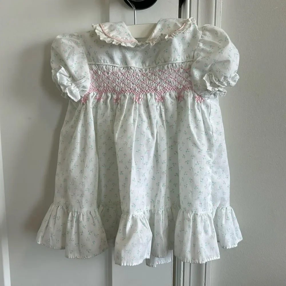 Vintage Polly Flinders Pink Green Formal Shortsleeve Floral Embroidered Dress